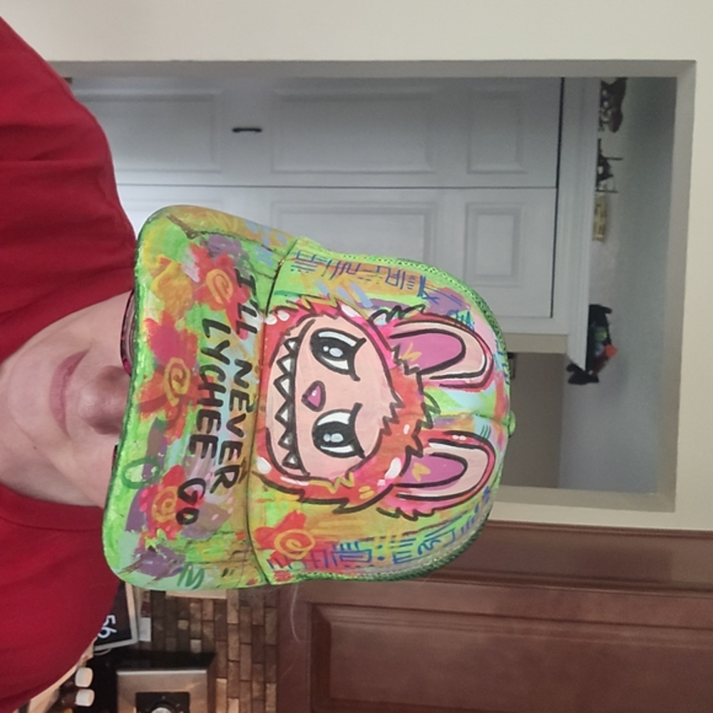 LABUBU PINK LYCHEE OOAK HAND PAINTED BASEBALL CAP - Picture 2 of 5
